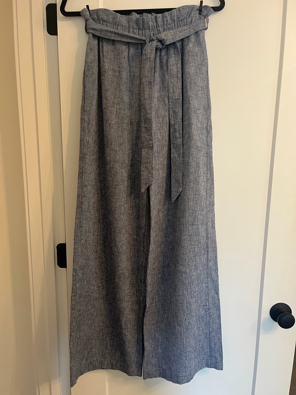 Express Linen/Cotton High-Rise Blue Chambray Paperbag Tie Wide-Leg Trousers, XS